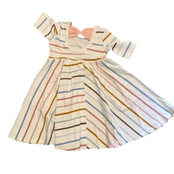 NWOT Loulou Lollipop Tencel Skater Dress Pastel Stripe Pink Bow Back Size 3T - Picture 4 of 5